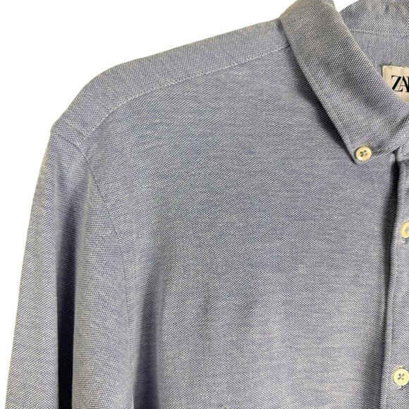 2/$30 Zara Blue Textured Stretch Man Slim Fit Shirt Long Sleeve Size Large - Picture 3 of 9
